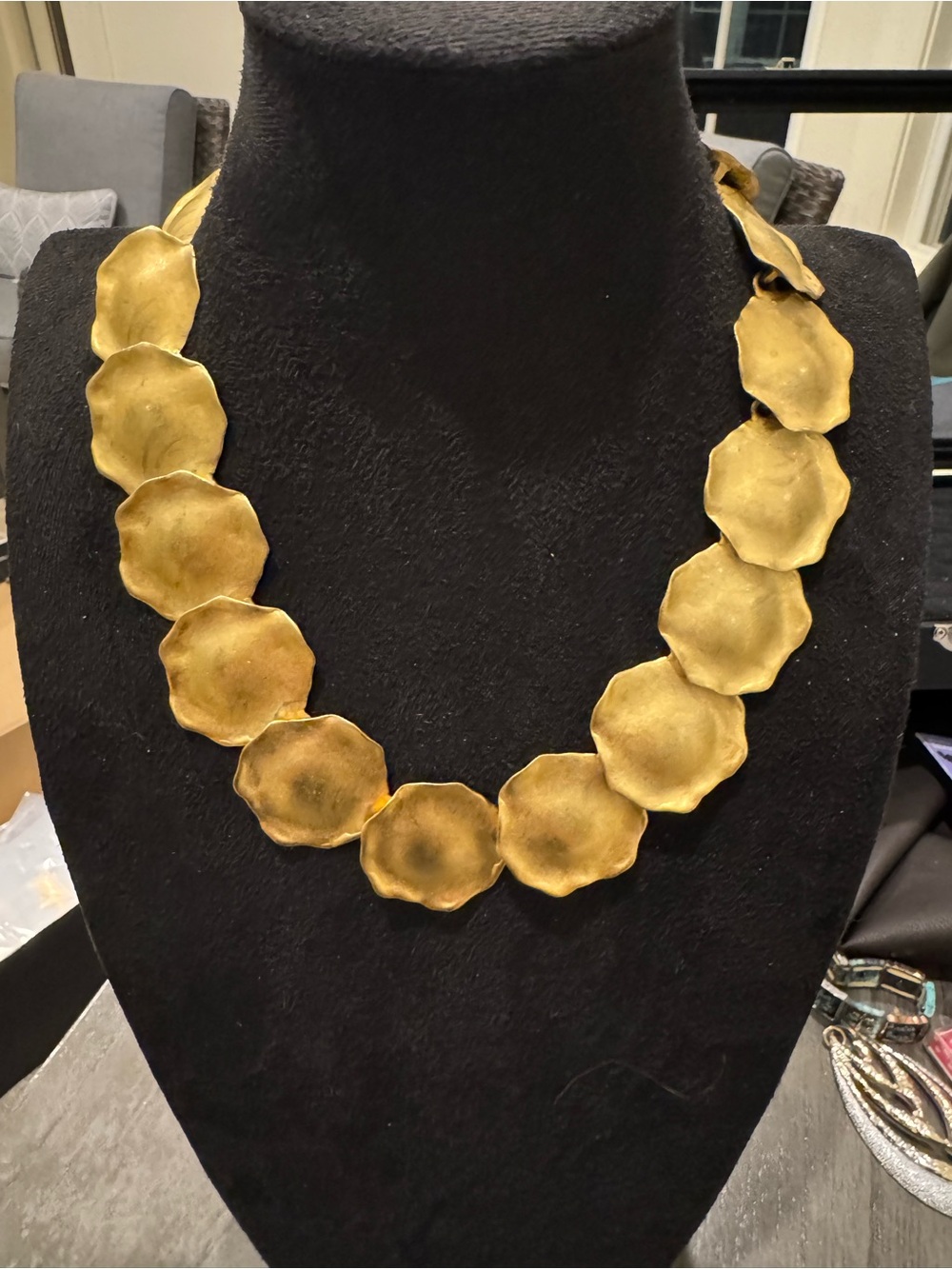 Gold Tone Hammered Disc Statement Necklace Chunky Organic Modernist Jewelry